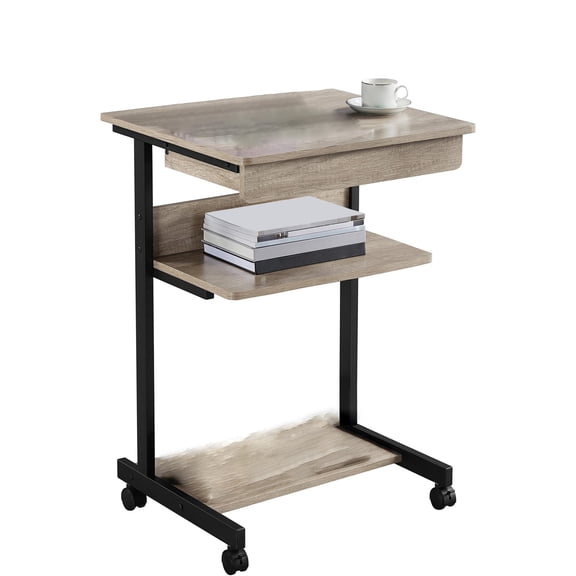 Gray rolling computer desk, small space solution with drawer for writing laptop PC, mobile cart for home office kitchen bedside, 22 x 20.1 x 31.5 inches, Gray