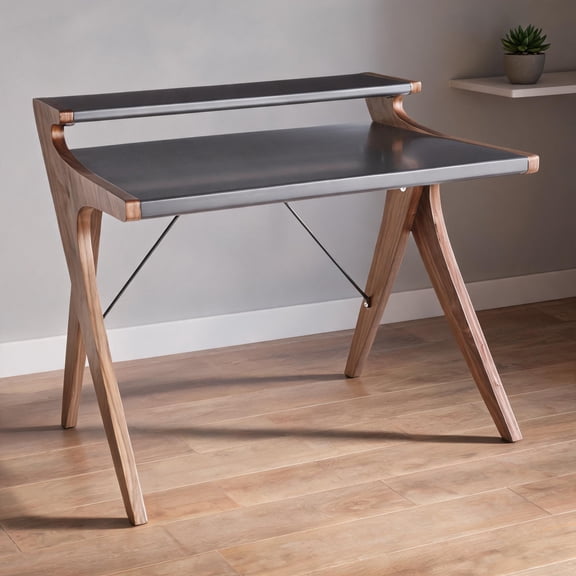 Gray-toned Contemporary Computer Desk for Home Workspace, Walnut Wood Construction, Two-Tier Storage Design