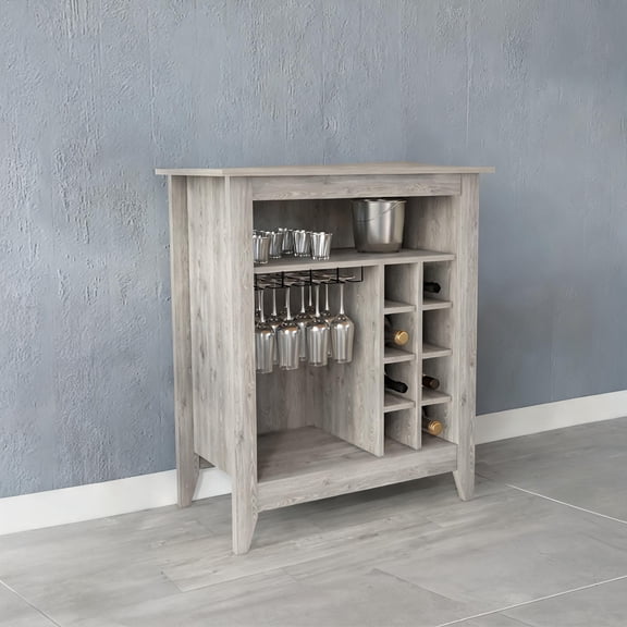 Gray-toned particle board bar cabinet with wine rack and drawers for dining room entertaining