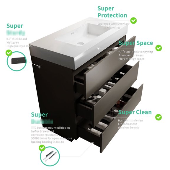 Gray vanity - Optimized drawer space - Small bathroom - Zero - permeability basin