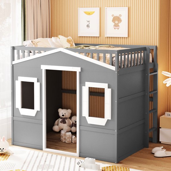 Gray+white Full Size Loft Bed With , Crafted From Solid Pine Wood For A Timeless Look - Color, Structure Fashionable Bedroom Style