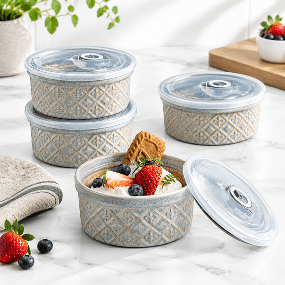 Gray (with Lid) 12 oz Ceramic Ramekin Set of 4, Oven Safe Baking Dishes with Lids