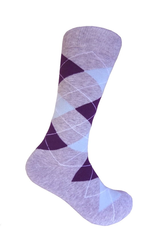 Gray with Purple and Light Blue Mid-calf Argyle Dress Casual Socks for Men