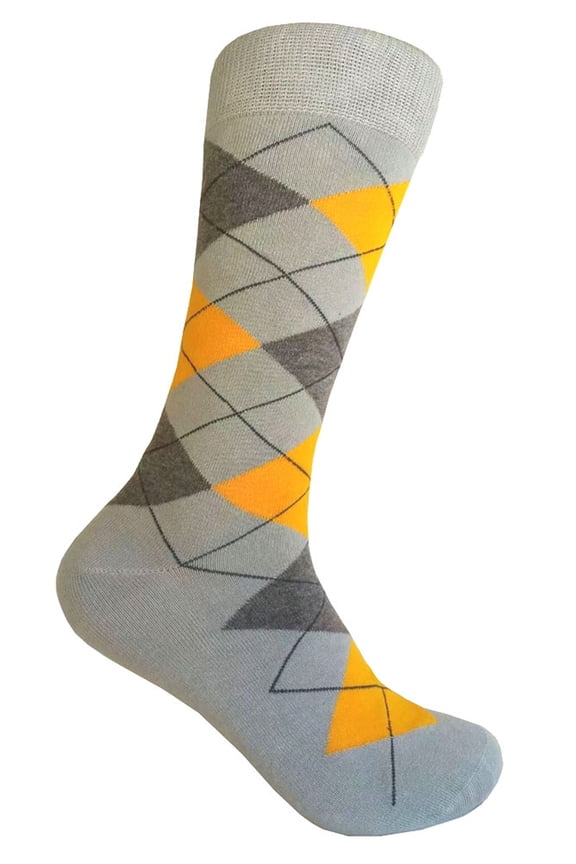 Gray with Yellow and Dark Gray Color Mid-calf Argyle Dress Casual Socks for men
