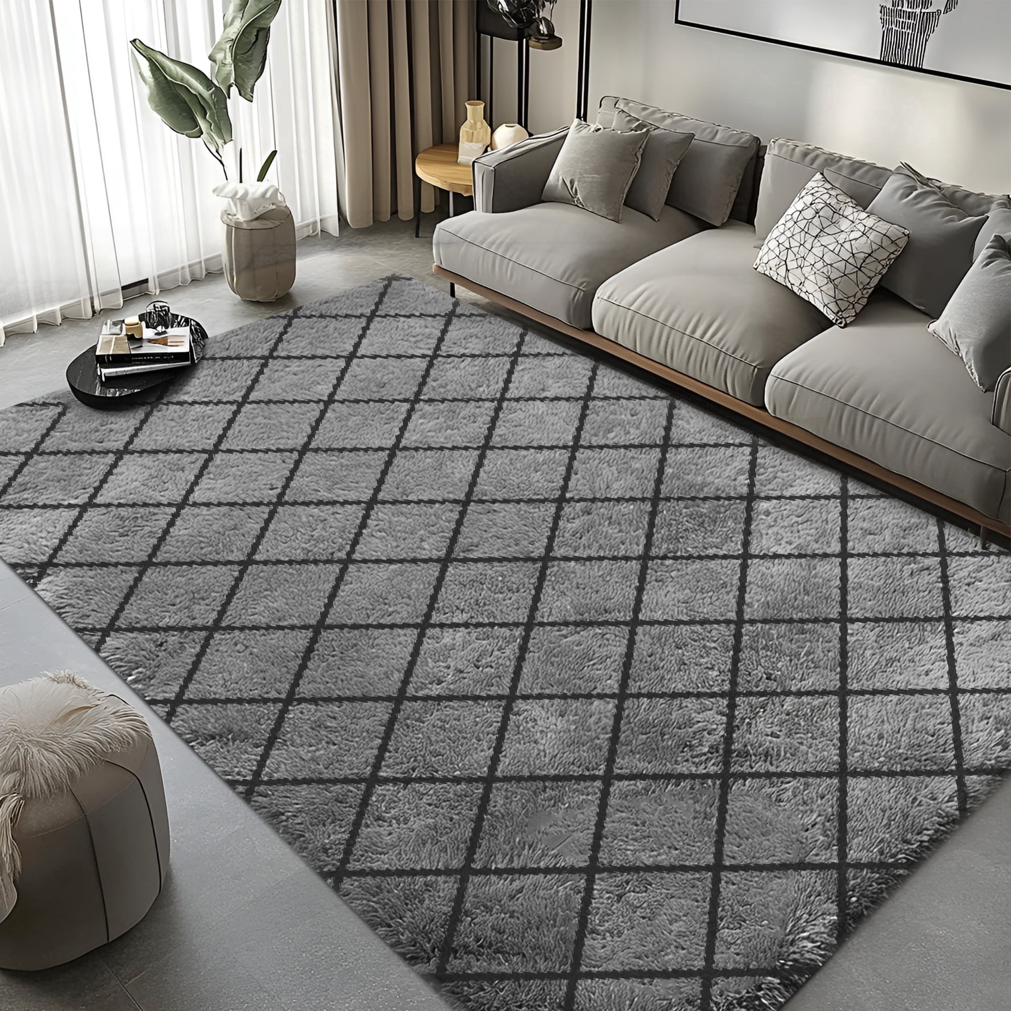Pentantan Shag Area Rug, 5’ x 8’ Grid Soft Fluffy Indoor Rugs for Living Room Bedroom Carpet, Gray & Black