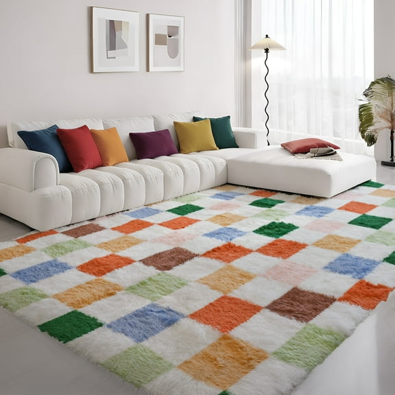 Pentantan Shag Area Rug, 8ft x 10ft Classic Checkered Soft Fluffy Indoor Rugs for Living Room Bedroom Carpet, Green & Orange