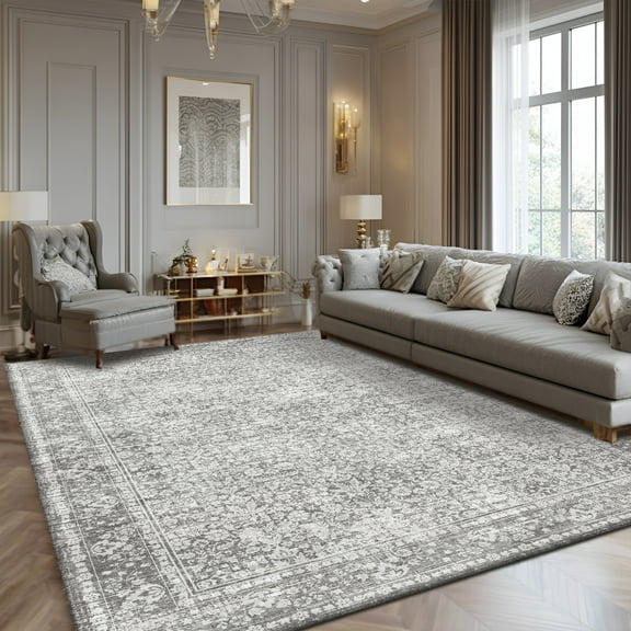 Pentantan 8'x10' Area Rugs, Washable Vintage Boho Rugs for Living Room, Retro Soft Indoor Carpet for Bedroom, Dining Room, Office, Gray