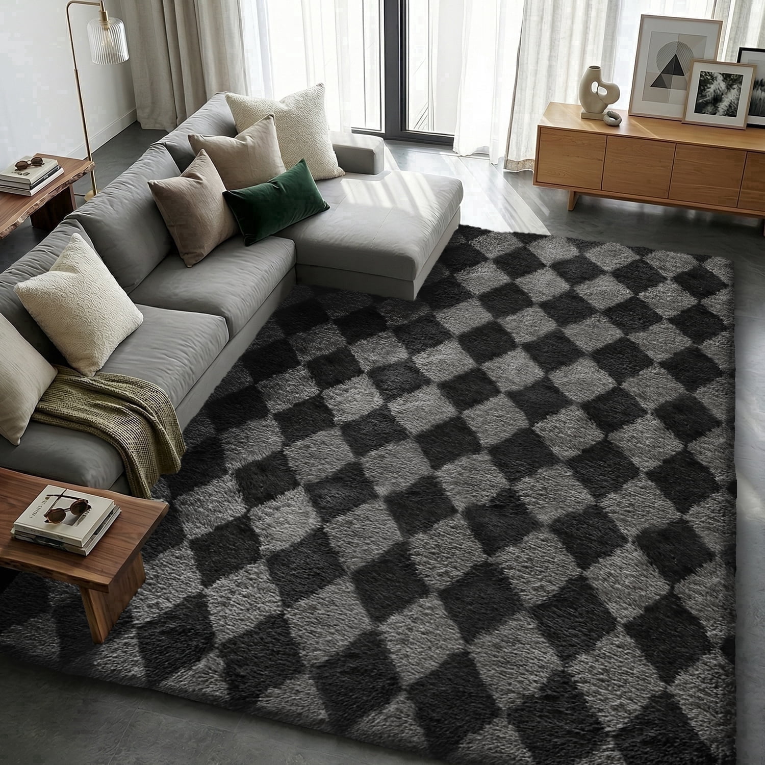 Pentantan 8’x 10’ Shag Area Rugs, Soft Fluffy Modern Checkered Indoor Carpet for Living Room Bedroom, Gray & Black