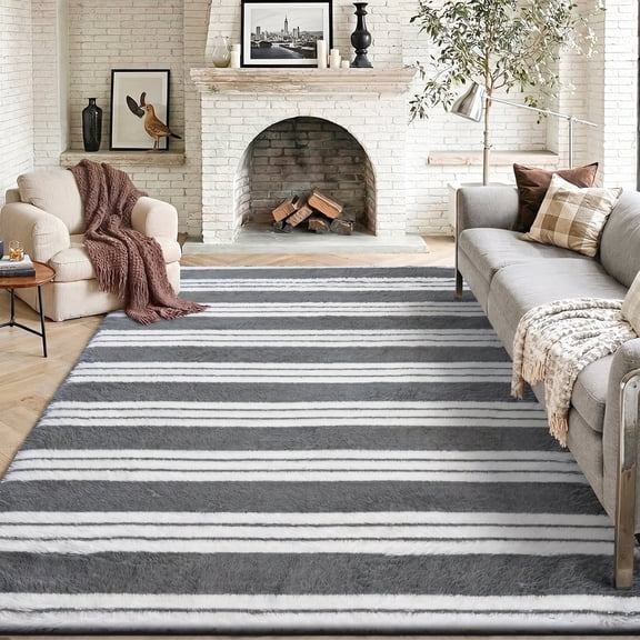 Pentantan 5ft x 8ft Shag Area Rugs for Living Room, Modern Stripe Fluffy Bedroom Carpet, Gray & White