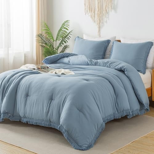 Grayish Blue Comforter Set King Size, 3 Pieces Boho Tassel Lightweight Bedding Comforter Sets, All Season Soft Fluffy Fringe Bed Set (104x90In Comforter & 2 Pillowcases)