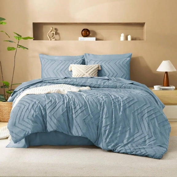 Grayish Blue King Size Comforter Set with Sheets 7 Pieces Bed in a Bag King Chevron Tufted Complete Bedding Sets with Comforter Sheets Pillowcases Shams