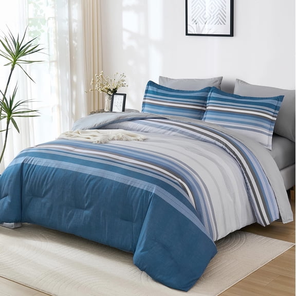 Grayish Blue Queen 7-Piece Boho Striped Microfiber Bed-in-a-Bag All Season Bedding Set