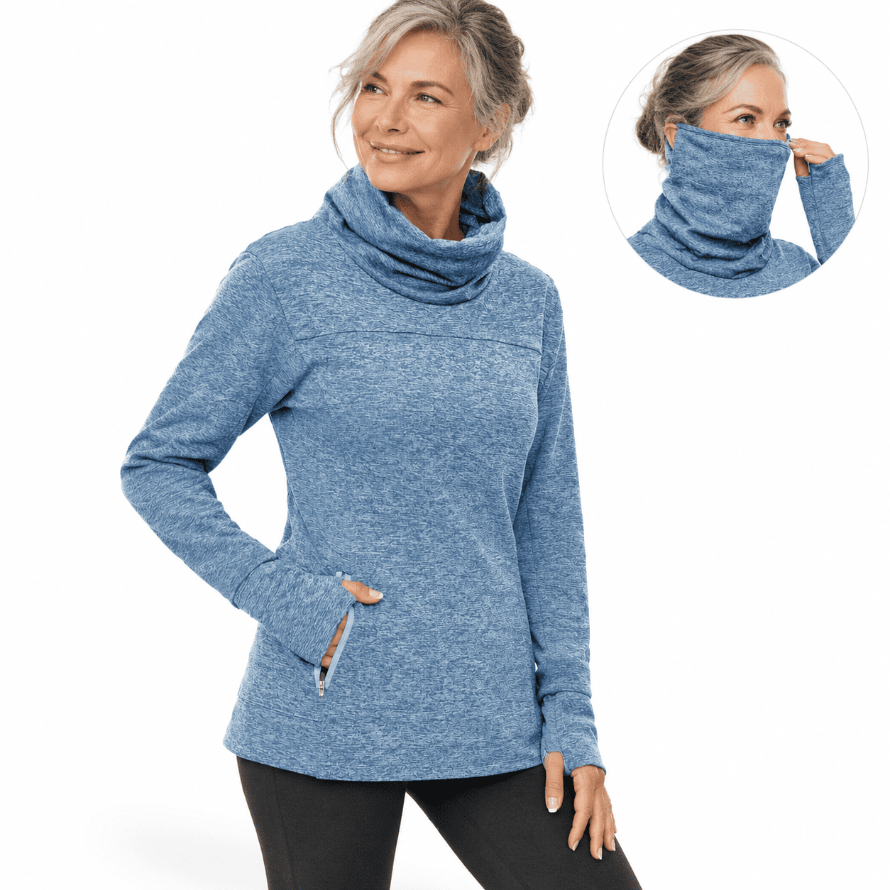 Grayish Blue X-Large Women's Cowl Neck Fleece Athletic Sweatshirt with ...