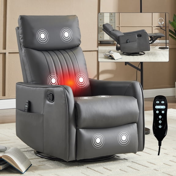 Grayish Green Heat Massage Manual Recliner Chair with Rocker and Swivel for Living Room, American Design Fabric Recliner with Lumbar Heat and Vibration in Grayish Green