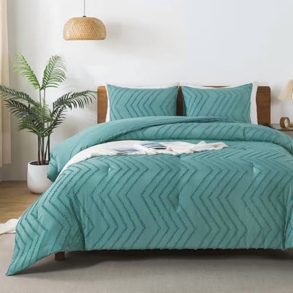 Grayish Teal Comforter Set Full Size, Boho Soft Warm Bedding Comforter Sets for Full Bed, 3 Pieces Vintage Chevron Tufted Aesthetic Comforter Set
