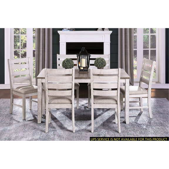 Grayish White And Brown Dining Room 7pc, Rectangular Table 6 Side Chairs For 6, Wooden Chairs, Casual Room, Fabric Upholstery