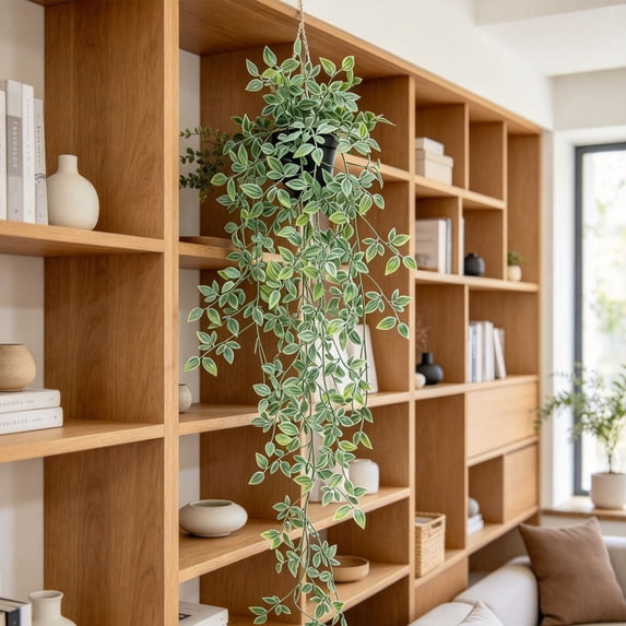 Grayish White Datura Potted Plant | Oimcto Artificial Hanging Vine Plant with Pot Potted Trailing Greenery for Indoor Wall & Room Decor