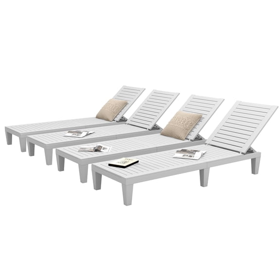 Grayish-White Outdoor Plastic Chaise Lounger With 5-Position Adjustable Backrest, Waterproof For Patio Poolside Garden