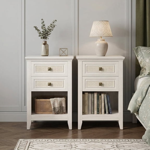 Grayish White Rattan Nightstand Set of 2, Boho Bedside Table with 2 Decorative Drawers & Open Storage Shelf, Wooden Side Table for Bedroom & Home Office