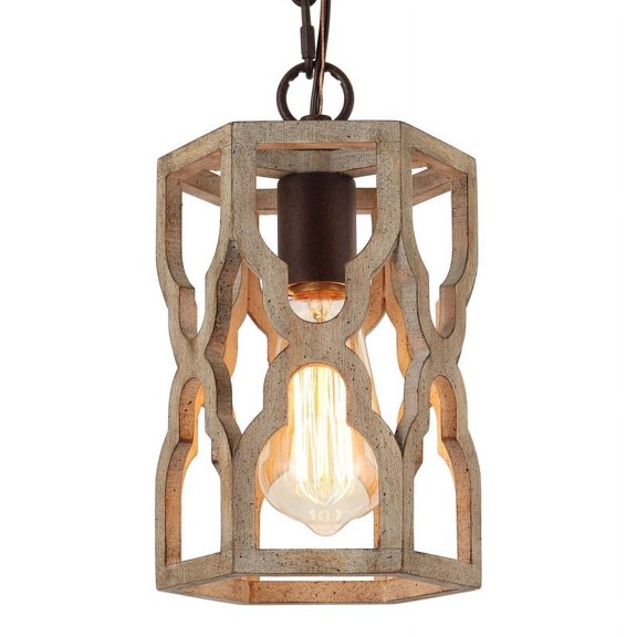 LNC Grayish White Wood and Rustic Bronze Farmhouse Cylinder LED Mini Kitchen Island Light