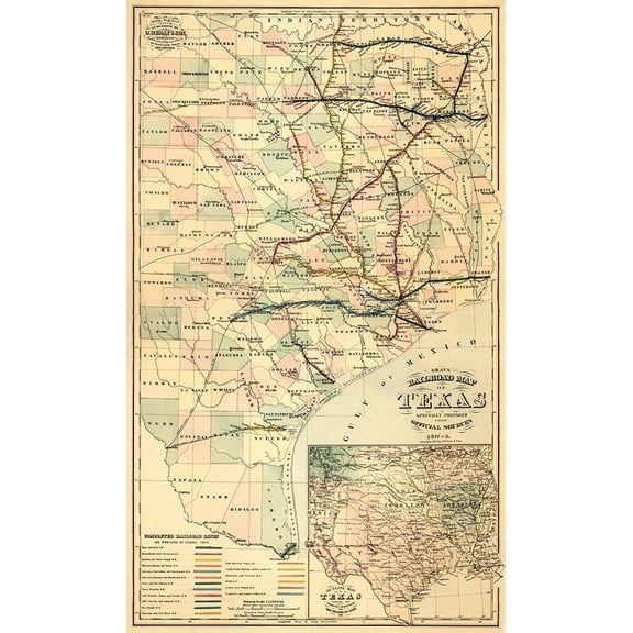 Grays railroad map of Texas. Poster Print by O.W. Gray and Son. (14 x 24)