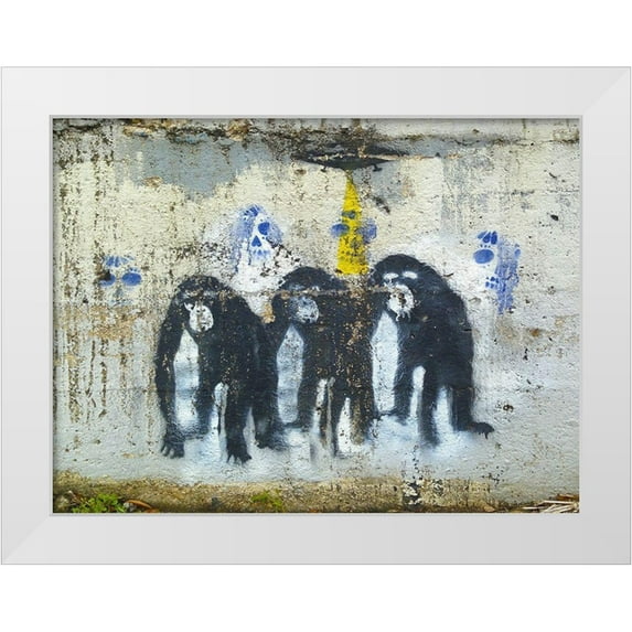 Grayscale 24x19 White Modern Wood Framed Museum Art Print Titled - Three Monkeys