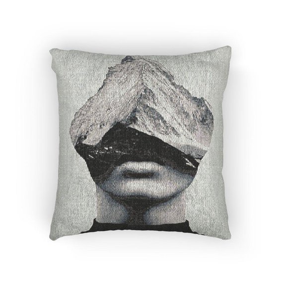 Grayscale Surreal Mountain Peak Decorative Woven Pillow, Cotton-Polyester Shell, Monochrome Landscape Style