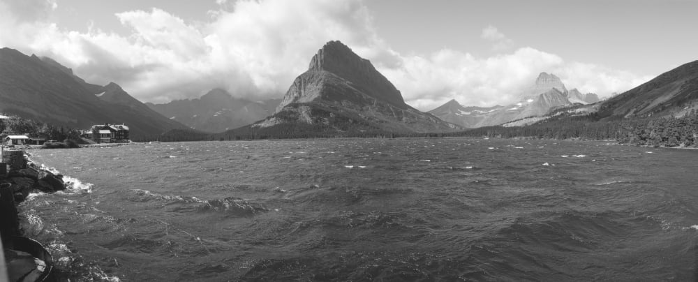 Grayscale of Lake Sherbourne Many Glaciers Glacier National Park Montana Canvas Art - Panoramic Images (36 x 12)