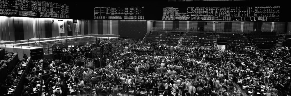 Grayscale panoramic view of Chicago Mercantile Exchange Canvas Art - Panoramic Images (36 x 12)