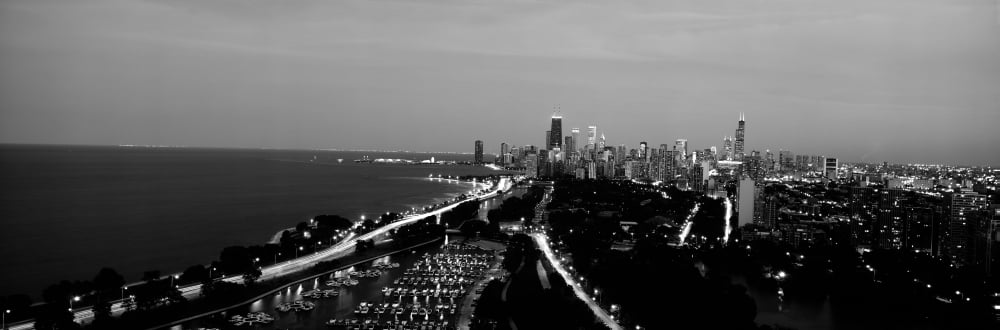 Grayscale panoramic view of Diversey Harbor and Lincoln Park Chicago IL Canvas Art - Panoramic Images (36 x 12)