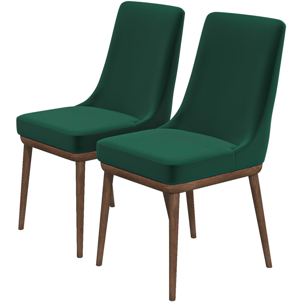 Mid-Century Modern Dark Green Velvet Upholstered Dining Chairs with Walnut Wood Legs