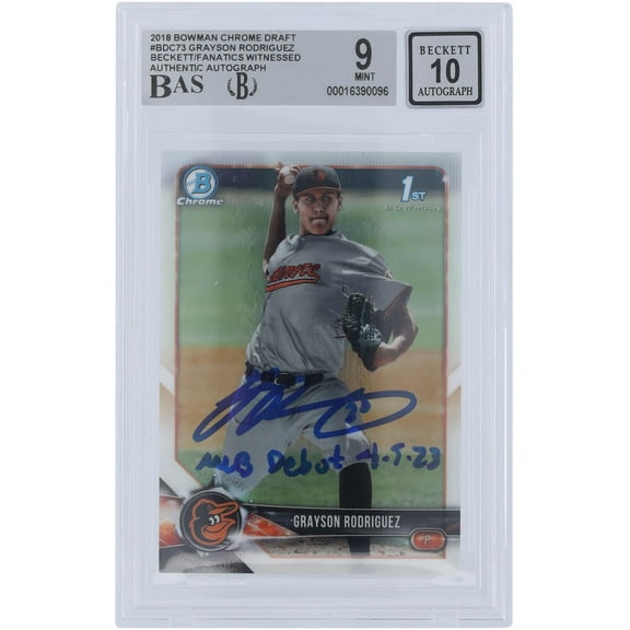 Grayson Rodriguez Baltimore Orioles Autographed 2018 Bowman Draft Chrome #BDC-73 Beckett Fanatics Witnessed Authenticated 9/10 Card with "MLB Debut 4/5/23" Inscription - Fanatics Authentic Certified