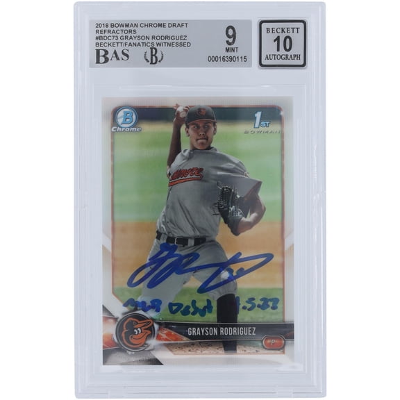 Grayson Rodriguez Baltimore Orioles Autographed 2018 Bowman Draft Chrome Refractors #BDC-73 Beckett Fanatics Witnessed Authenticated 9/10 Card with "MLB Debut 4/5/23" Inscription - Fanatics Authentic