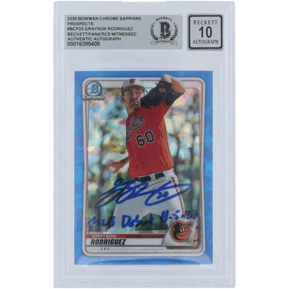 Grayson Rodriguez Baltimore Orioles Autographed 2020 Bowman Chrome Prospects Sapphire #BCP-22 Beckett Fanatics Witnessed Authenticated 10 Card with "MLB Debut 4/5/23" Inscription - Fanatics Authentic