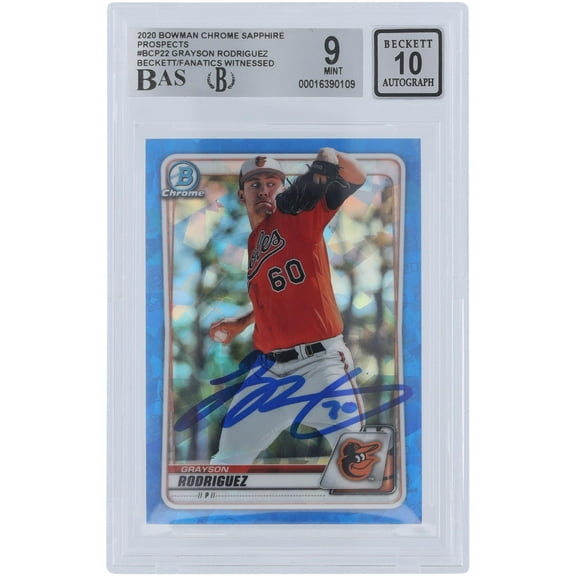 Grayson Rodriguez Baltimore Orioles Autographed 2020 Bowman Chrome Prospects Sapphire #BCP-22 Beckett Fanatics Witnessed Authenticated 9/10 Card - Fanatics Authentic Certified