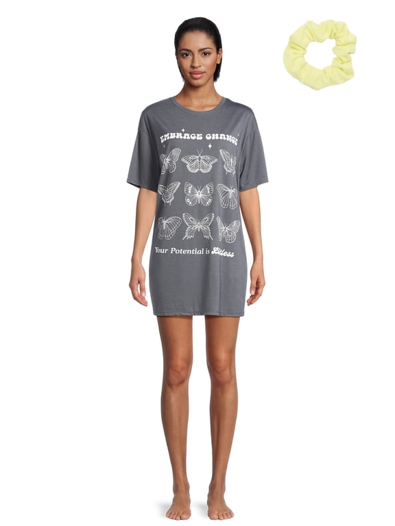 Juniors Oversized Sleepshirt and Scrunchie Set, 2-Piece, Sizes S-3X