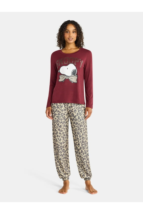 Snoopy Women's Bow Sleep Tee and Joggers Pajama Set, 2-Piece, Sizes S-3X