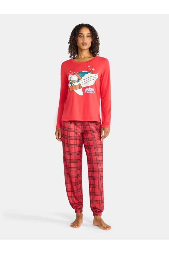 Snoopy Women's Ski Lodge Sleep Tee and Joggers Pajama Set, 2-Piece, Sizes S-3X