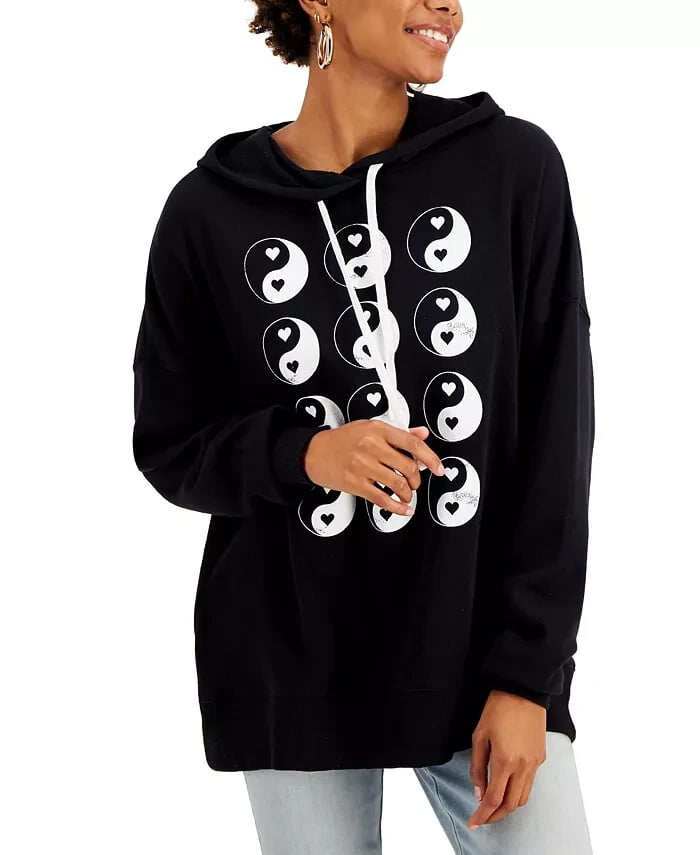 GRAYSON THREADS Black Juniors' Yin-Yang Graphic-Print Hoodie Black Size