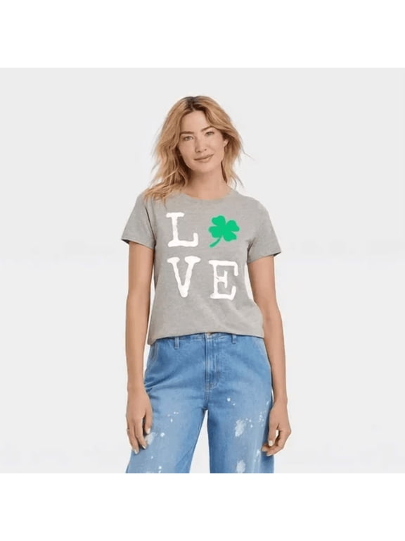 Women's St. Patrick's Day Love Short Sleeve Graphic T-Shirt - (Gray, Large)
