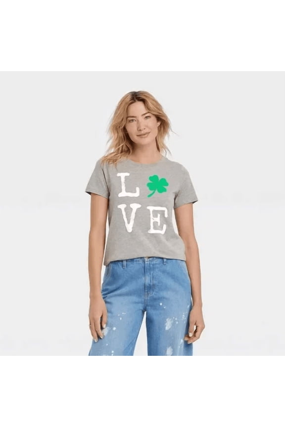 Women's St. Patrick's Day Love Short Sleeve Graphic T-Shirt - (Gray, Large)