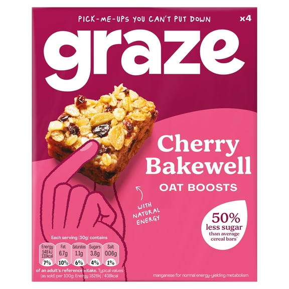 Graze Cherry Bakewell Oat Boosts Flapjack Snack 4x30G, Imported from Britain
