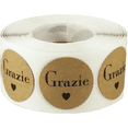 thumbnail image 1 of Grazie Italian Thank You Natural Kraft Adhesive Stickers 1 Inch Round Circle Dots 500 Labels Per Roll, 1 of 3