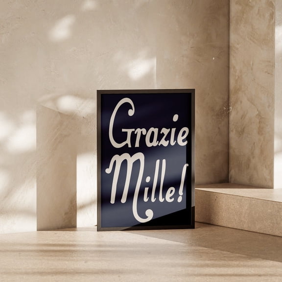 Grazie Mille Italian Wall Art Typography Poster Decor Retro Hand-Drawn Poster Trendy Gallery Wall Art Wall Print Blue Aesthetic Wall Art, Modern Wall Decor, 24x36 UNFRAMED