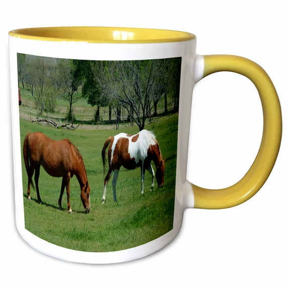 3drose, Grazing Chestnut Pinto Horses Green Field, 15oz Two-tone Yellow Mug