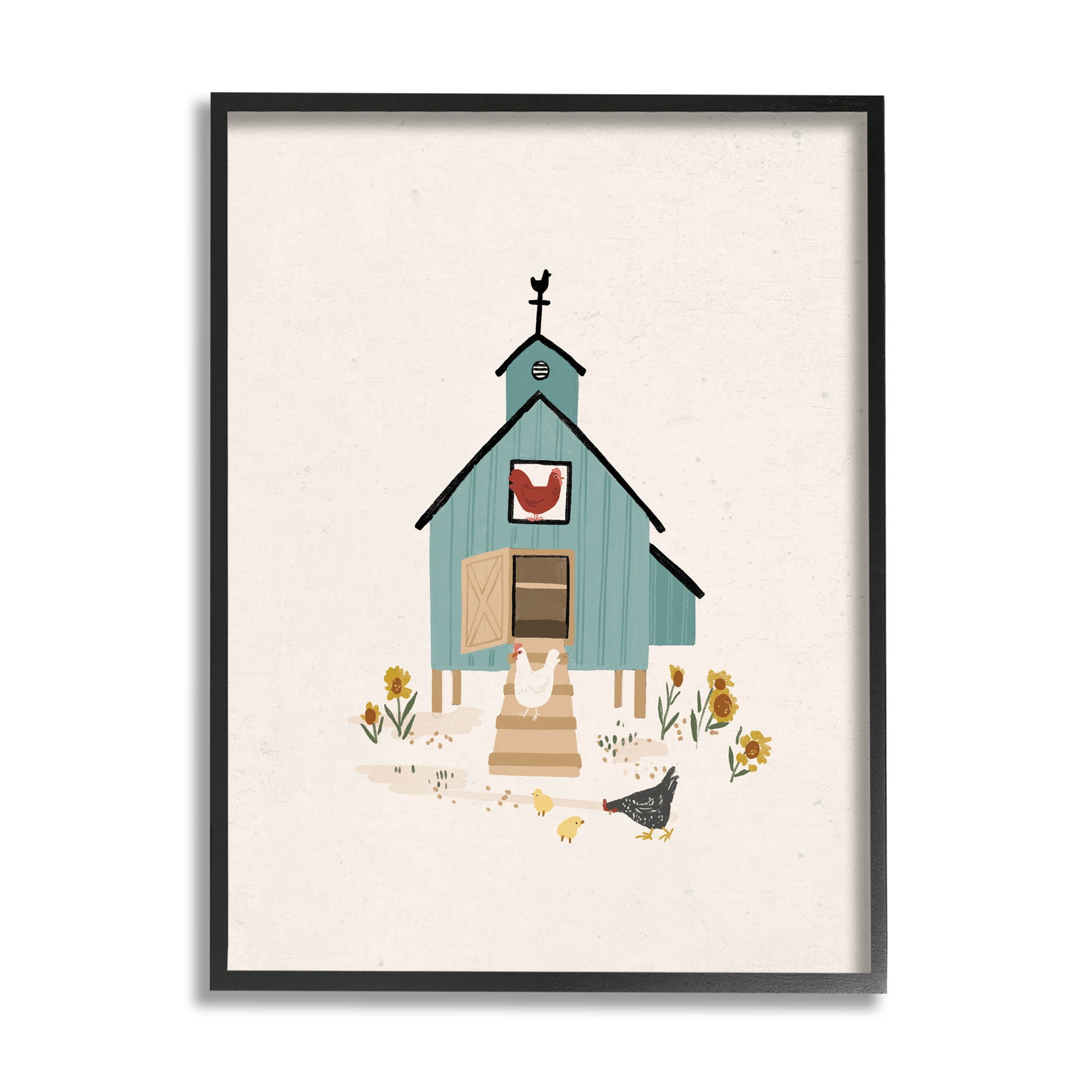 Grazing Chickens Hens Farm Animals & Insects Graphic Art Black Framed Art Print Wall Art