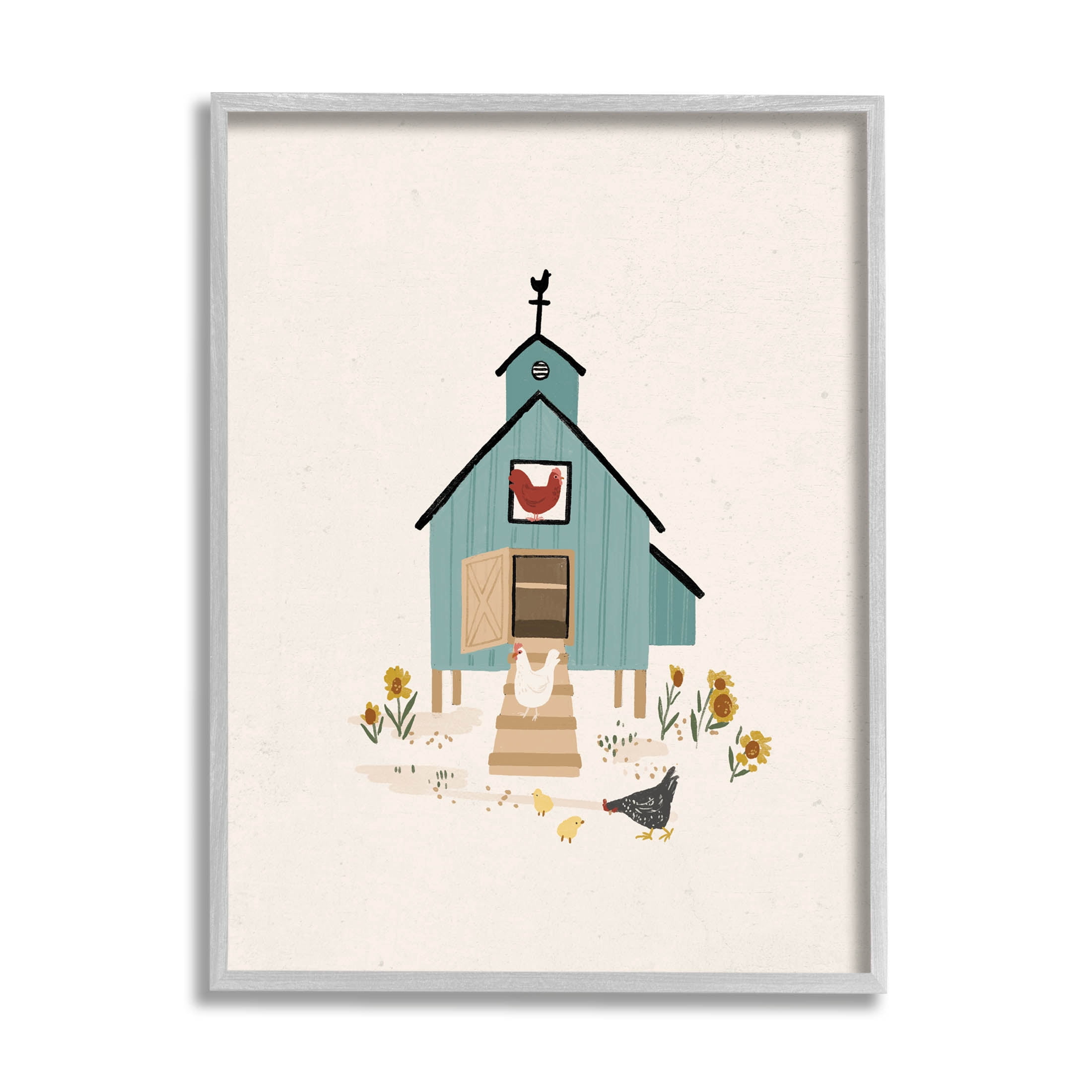 Grazing Chickens Hens Farm Animals & Insects Graphic Art Gray Framed Art Print Wall Art