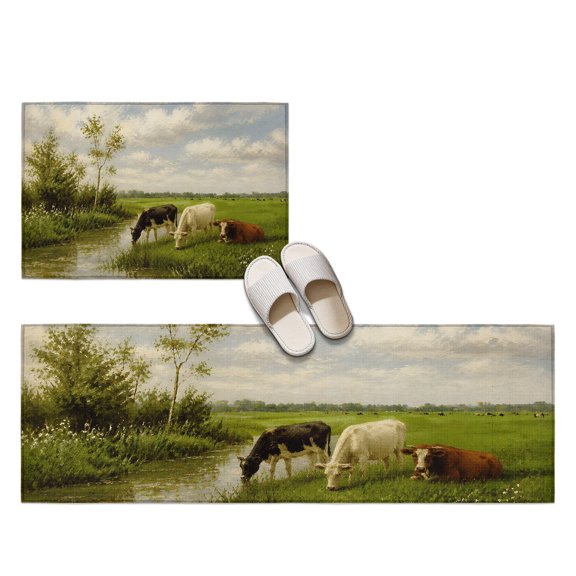Grazing Cow 2 Pieces Non-Slip Kitchen Mat Set, Rustic Farmhouse River Stream Tree Green Meadow Soft Door Mat with Rubber Backing, Dirtproof Rugs for Entrance Doorway, 23.6x35.4in+23.6x70.9in