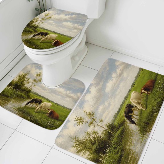 Grazing Cow Bathroom Rugs Set Rustic Farmhouse River Stream Tree Green Meadow Non Slip Absorbent Soft Bath Mats 3 Piece Set with Bathroom Rug, U-Shaped Floor Mat, Toilet Seat Cover Large Size