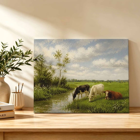 Grazing Cow Canvas Wall Art, Rustic Farmhouse River Stream Tree Green Meadow Wall Art Prints Artwork Framed Canvas Ready to Hang Art Pictures for Bathroom Bedroom Entry Desk Corner 10" x 8"